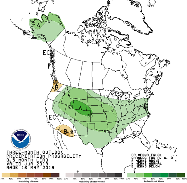 3 month outlook of precipitation probability for the continental USA